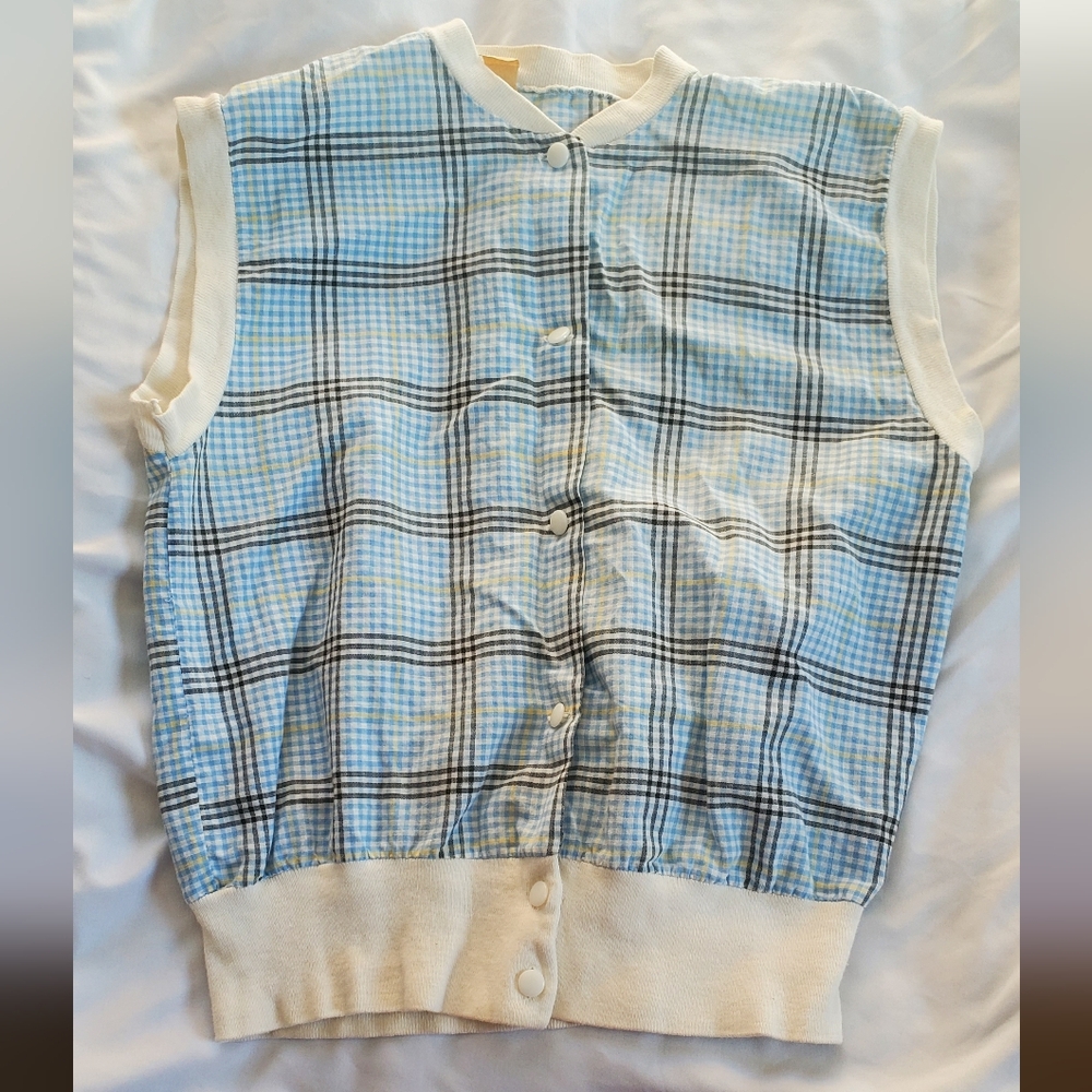 Plaid Vtg 1970s Sleeveless Distressed Camisole Type Shirt, Sz M Pearl Buttons